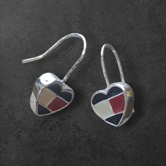 Vintage Heart Mosaic Enamel Earrings Red, Black, Cream French Hoop Slight Dangle - Picture 2 of 5